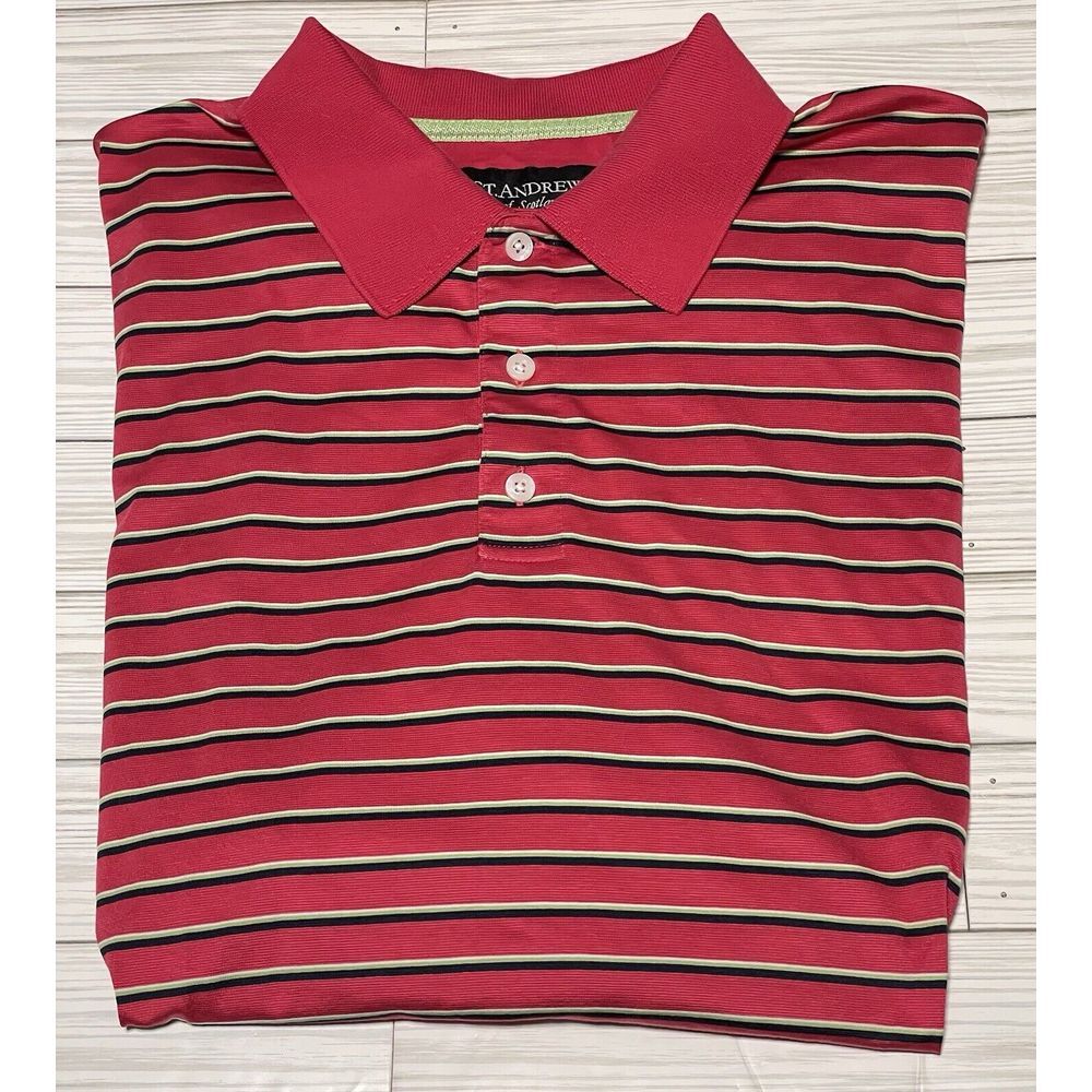 St. Andrews of Scotland Mens Large Red Striped Short Sleeve‎ Golf Polo Shirt